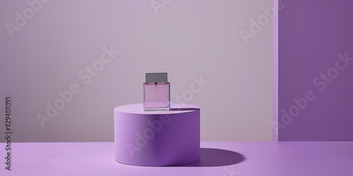 photograph  productive view  cylinder podium with perfume  solid dark black background  realism light setting  natural lighting   photo of stock  place of the text  mockup template. purple