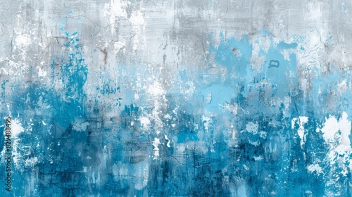  A blue and white abstract painting on a gray and white background, featuring two distinct black spots centrally located photo