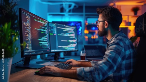 A software developer is engrossed in writing code on dual monitors, indicative of the concentration required in software engineering. AIG41 © Summit Art Creations
