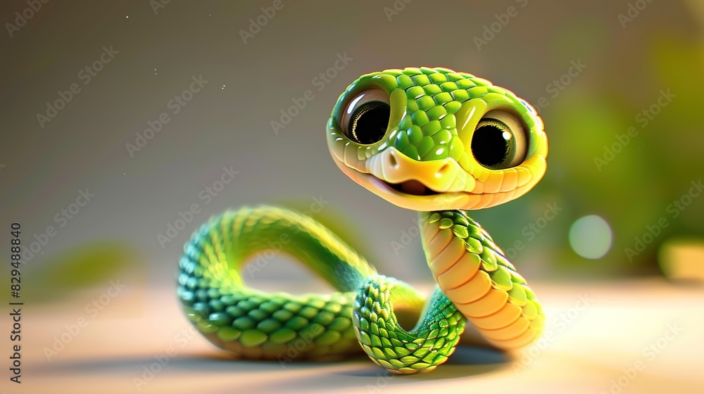 Fototapeta premium Beautiful cartoon friendly snake with colorful scales on an abstract background with bokeh and highlights