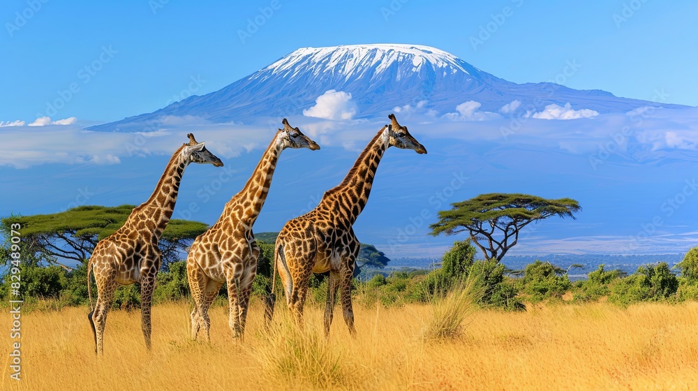 Naklejka premium Three giraffe on Kilimanjaro mount background in National park of Kenya, Africa