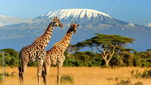 Three giraffe on Kilimanjaro mount background in National park of Kenya  Africa