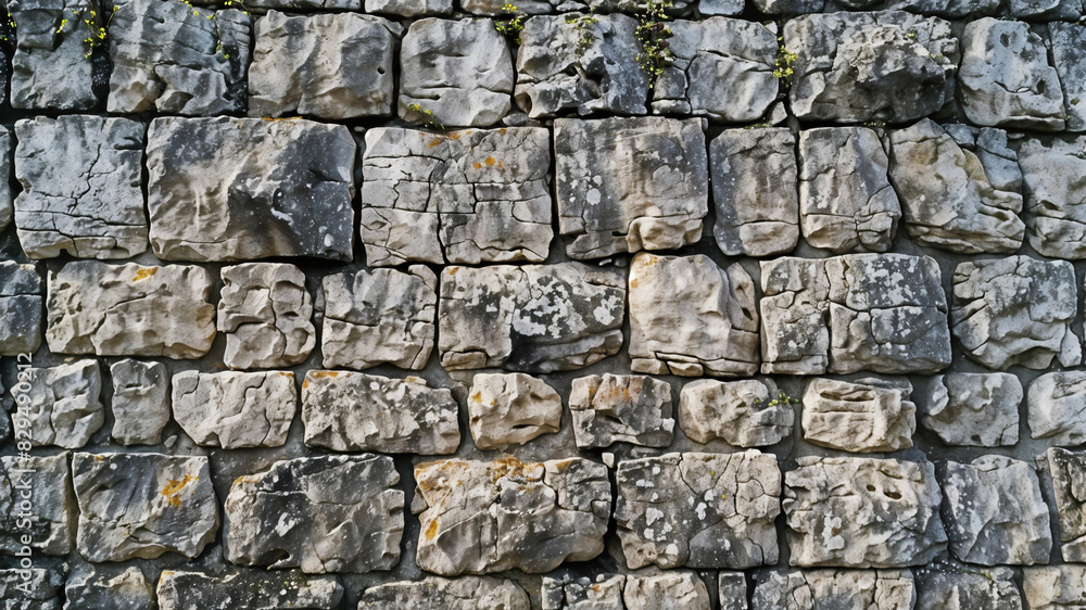 Weathered Stone Wall of 18th Century Fortress, Ancient stone wall of an 18th century castle or fortress with weathered and cracked bricks in close-up view