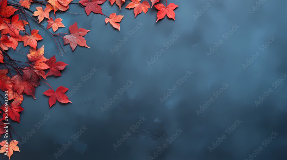 Autumn background with colored red leaves on blue slate background. Top view, copy space Autumn background with colored red leaves on blue slate background. Top view, copy space