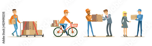 Man Character Delivery Service Worker Bring Freight Vector Set