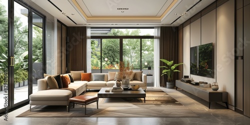 Modern Living Room with Wide Windows and Balcony © duyina1990
