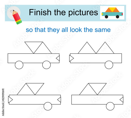 Activity for kids. Finish the pictures so that they all look the same. cartoon car.