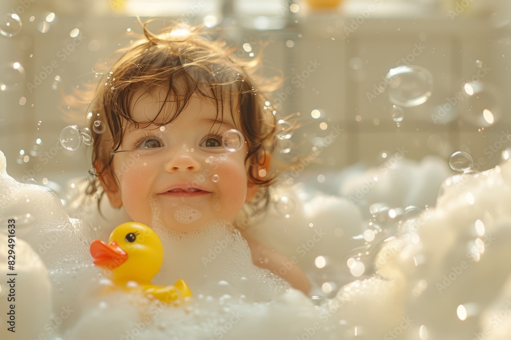 Adorable child enjoying a bubble bath with a yellow rubber duck, surrounded by soap bubbles and foam, smiling happily. Adorable child enjoying a bubble bath with a yellow rubber duck, surrounded by soap bubbles and foam, smiling happily.