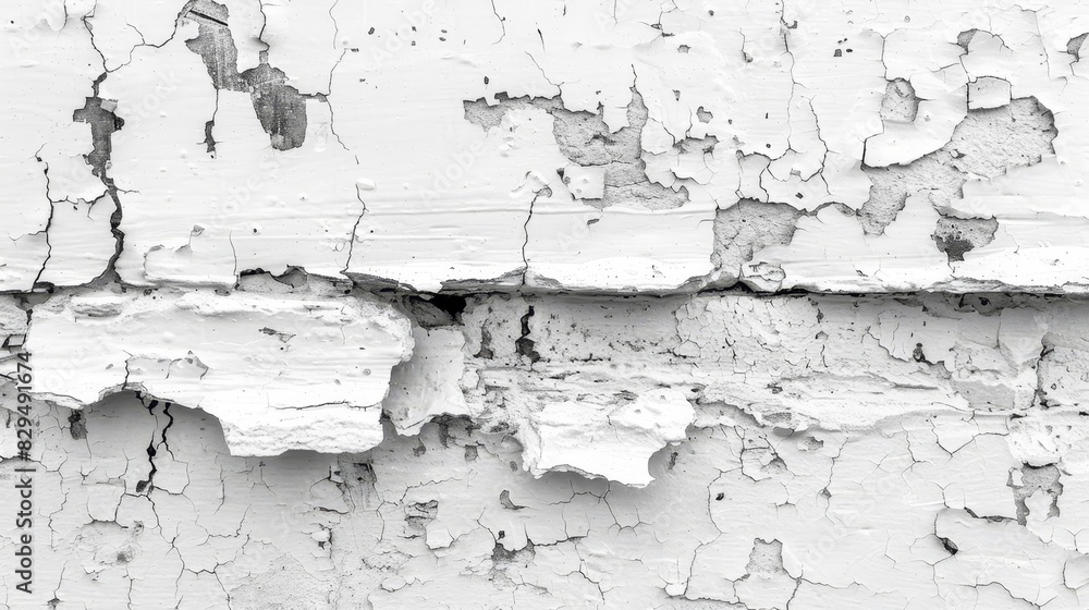 Obraz premium Peeling paint on an old white-painted wall Chipped paint curves off, revealing underlying layers