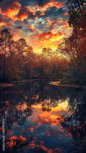 A tranquil pond reflecting the fiery colors of a spectacular sunset in the heart of a verdant forest.