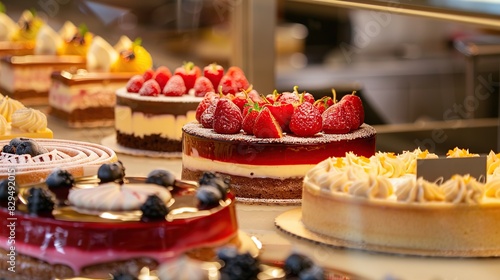 Types of cakes. Cakes on display at the patisserie counter . Generative Ai