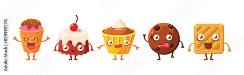 Funny Kawaii Pastry and Sweet Confection Character with Face and Arms Vector Set