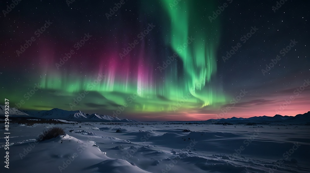 shows an aurora in the night sky over a snowy landscape shows an aurora in the night sky over a snowy landscape