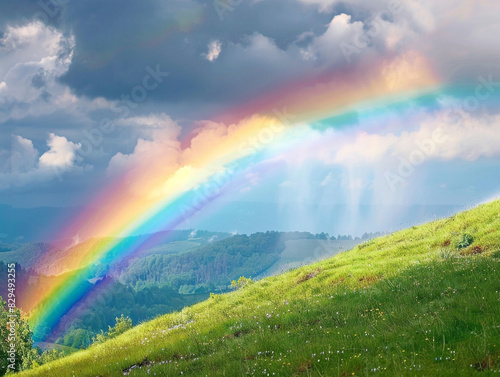 Vibrant rainbow spans the sky, casting a colorful glow over peaceful rural landscape scenery. © Szalai