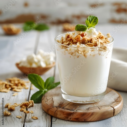 Kefir, buttermilk or yogurt, cottage cheese with granola. Yogurt in glass on white wooden background. Probiotic cold fermented dairy drink. Gut health, fermented products, healthy gut flora concept