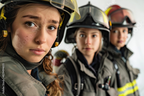 Three young female firefighters in uniform, looking bravely into the camera © Veniamin Kraskov