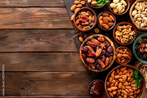Dishes dates dried fruits and fresh nuts on wood background.
