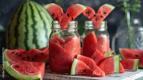 Watermelon in Mason jars decorated with watermelon slices curved like heart symbols. Generative Ai