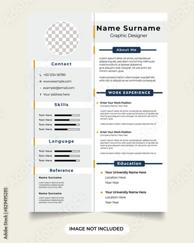 professional cv and corporate resume vector. official internship company employee resume and cv template vector with photo placeholders. minimalist cv layout design with dark blue and gray colors.