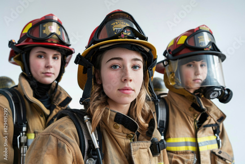 Three young female firefighters in uniform, looking bravely into the camera