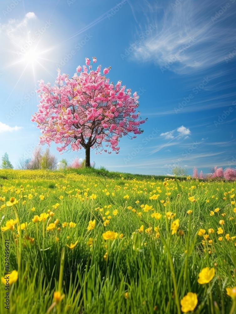 A solitary cherry tree stands in glorious bloom against a vivid blue sky, with a field of yellow flowers under the bright sun. It's a quintessential spring panorama A solitary cherry tree stands in glorious bloom against a vivid blue sky, with a field of yellow flowers under the bright sun. It's a quintessential spring panorama