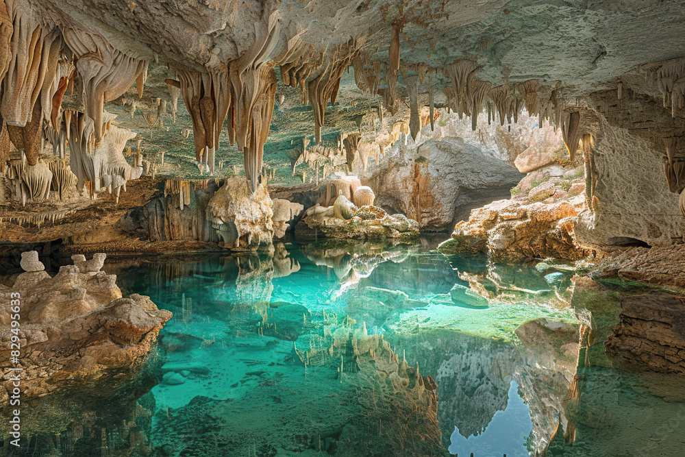 Fototapeta premium Generative ai on theme of a large beautiful sharp stalactites hanging down from deep mountain cave