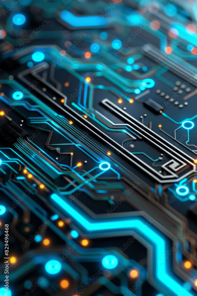 A detailed view of a circuit board with clean lines and glowing blue accents. A detailed view of a circuit board with clean lines and glowing blue accents.