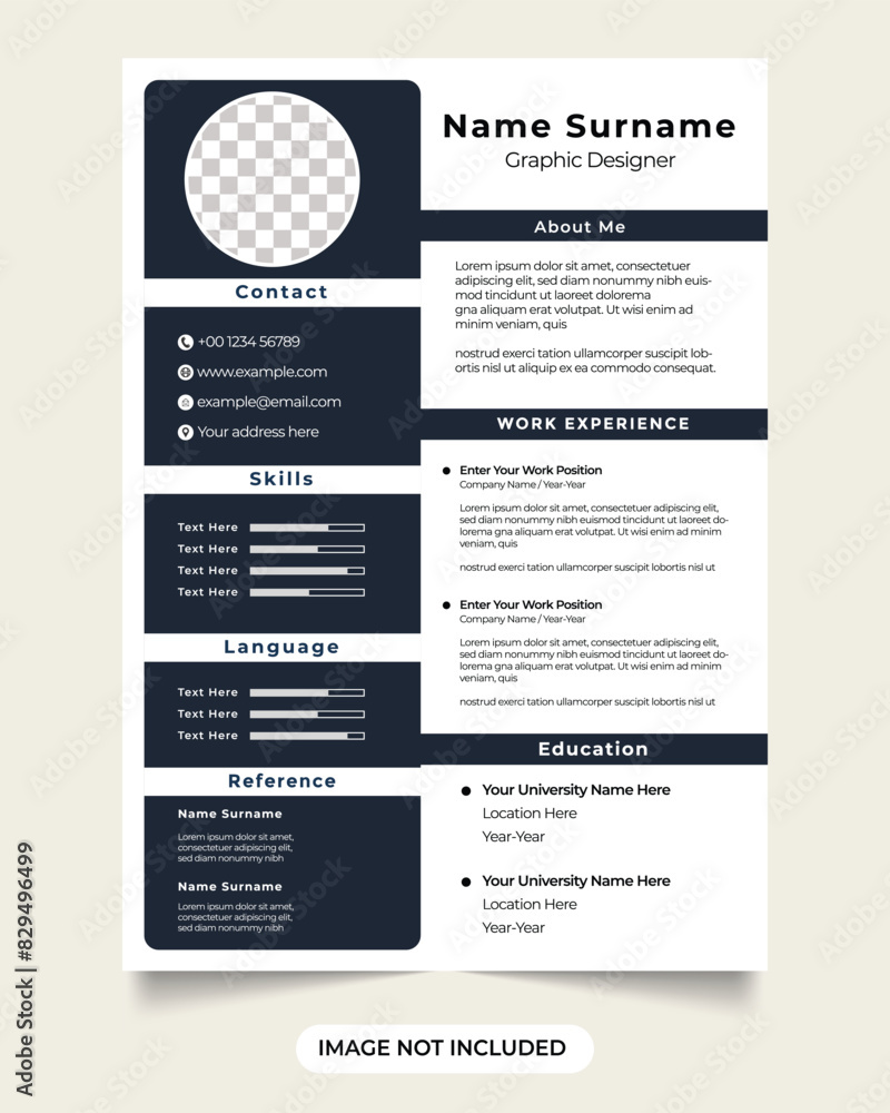 Professional resume template vector with photo placeholders. modern company cv and resume layout design with dark blue colors. Office intern job application cv and resume template. Professional resume template vector with photo placeholders. modern company cv and resume layout design with dark blue colors. Office intern job application cv and resume template.