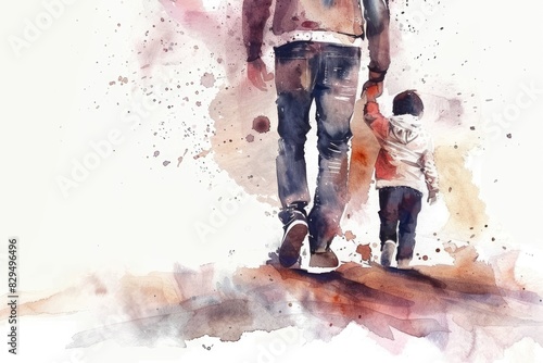 Fathers Day card watercolor illustration of dad with child walking together, space for text