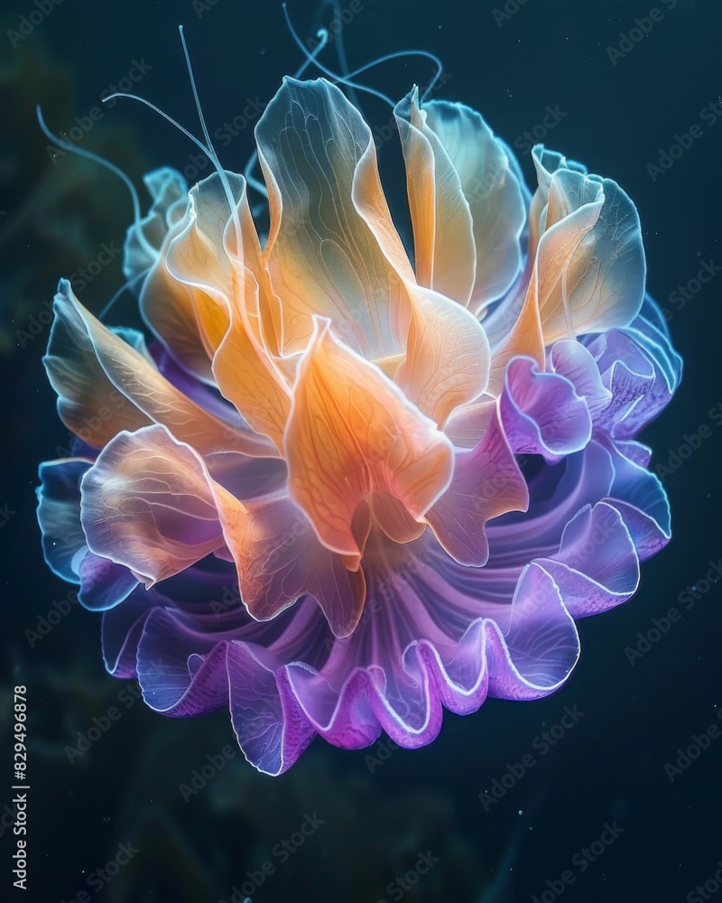 Obraz premium The image shows a beautiful jellyfish with pink and yellow tentacles.