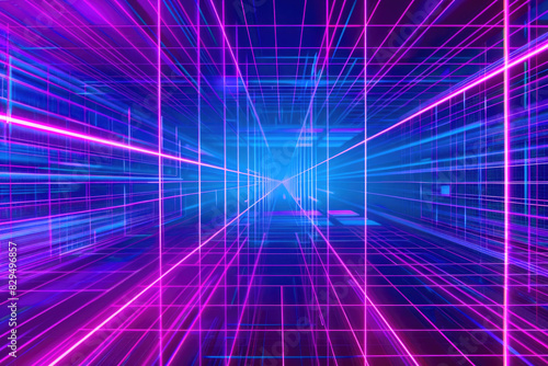 A grid of neon purple and blue lines forms a futuristic, cyber-themed background