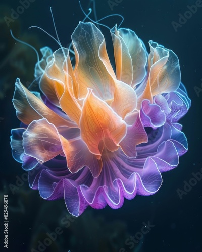The image shows a beautiful jellyfish with pink and yellow tentacles.