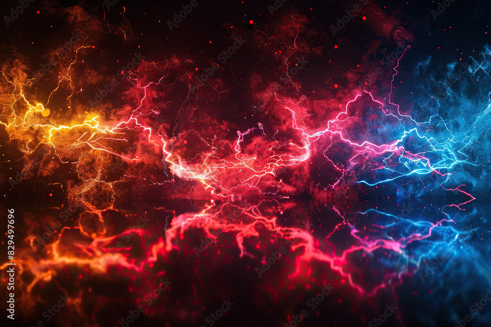 Obraz premium Generative ai on theme of scary bright electric lightning bolt with branches in the night dark sky