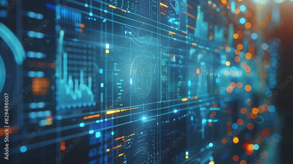 Abstract futuristic digital interface with glowing lines and data visualization. Abstract futuristic digital interface with glowing lines and data visualization.