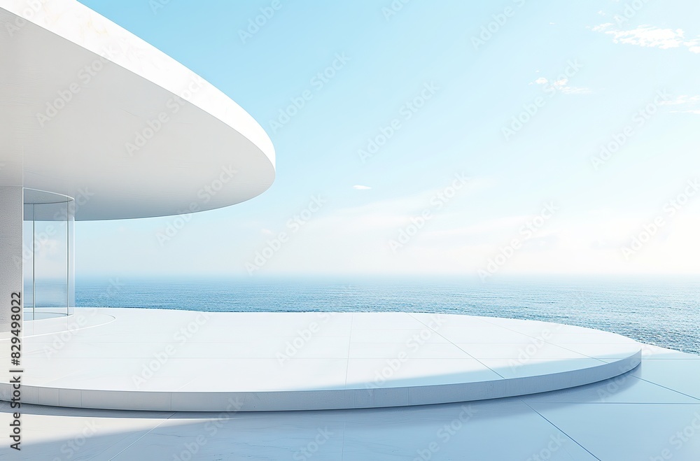 Obraz premium White marble podium with sea view on background.Minimalist Elegance: White Circular Stage Overlooking the Sea