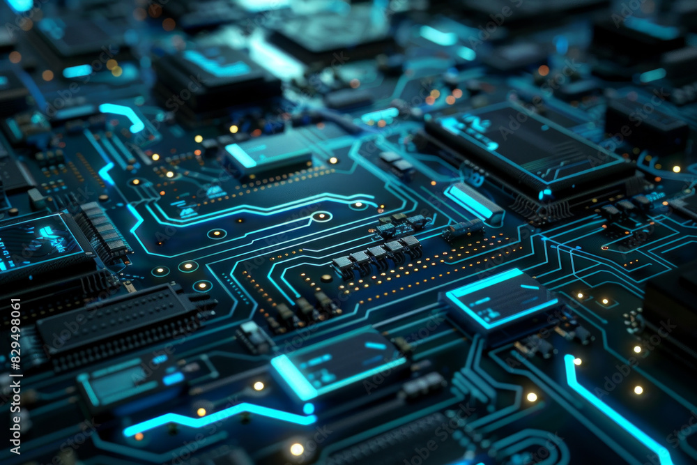 A detailed view of a circuit board with clean lines and glowing blue accents.