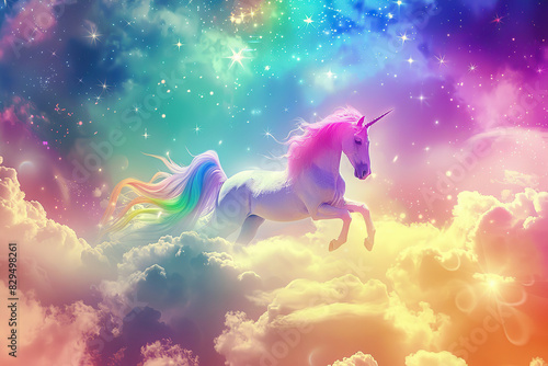 Generative ai on theme of fantasy unicorn in beautiful sky with bright rainbow and fluffy clouds