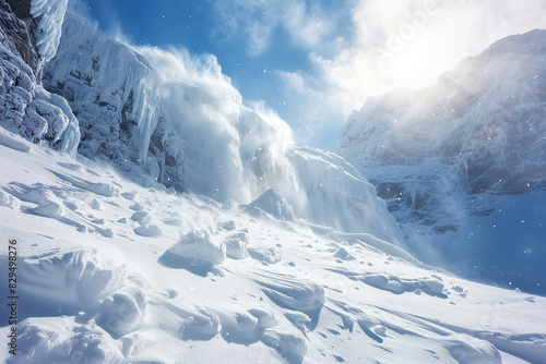 Generative ai on theme of descent of an huge avalanche from the mountain, winter nature landscape © oleg525