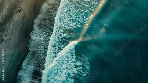a wonderful waterfront landscape with big waves from a bird's eye view, generated by AI