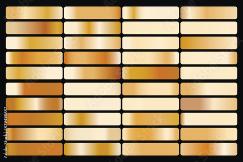 Metalic gradient collection with shiny gold hologram. Holographic foil texture, gold rose, brown and golden gradation. Vector set for frame, ribbon, border, other design