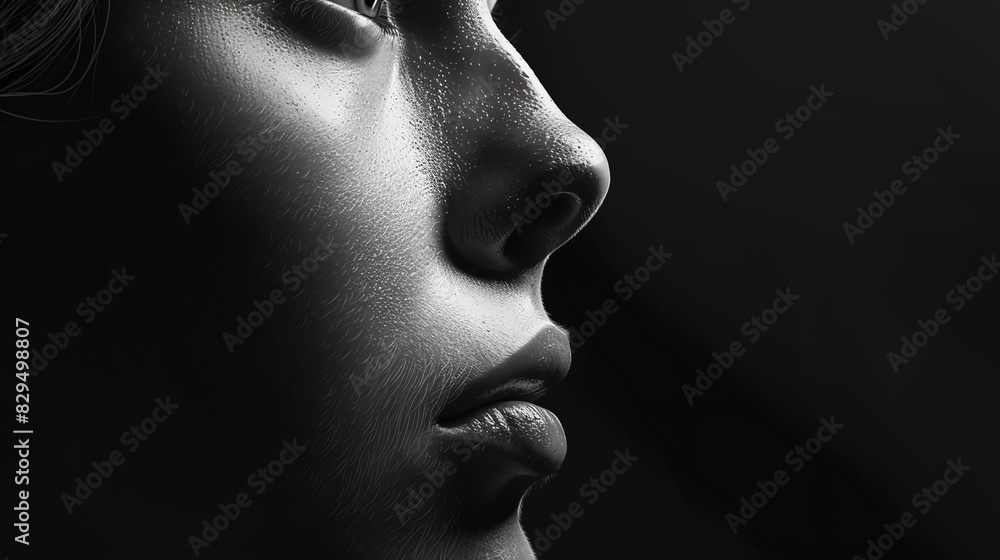 A black and white close-up portrait of a pensive person looking forward, showcasing facial details and deep shadows.