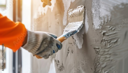 Wallpaper Mural A worker's hand in a glove applying plaster to a wall, capturing the craftsmanship and skill in construction and renovation work, ideal for themes of building and renovation. Torontodigital.ca