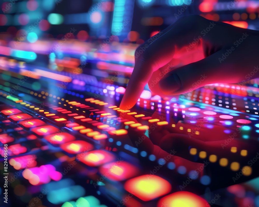 Close-up of a hand touching vibrant LED lights on a control panel, symbolizing technology, innovation, and digital interface in a colorful setting.