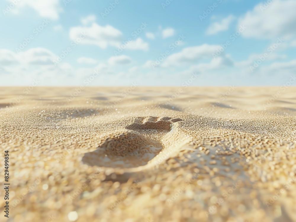 Close-up of a single footprint on the sandy beach under a bright blue sky with fluffy clouds. Perfect summer vacation destination. Close-up of a single footprint on the sandy beach under a bright blue sky with fluffy clouds. Perfect summer vacation destination.