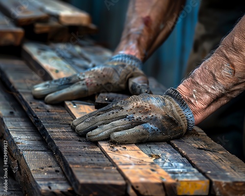 Close-up of a person's gloved hands working with wooden planks in a workshop, representing craftsmanship and manual labor.