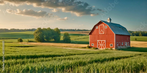 Picturesque red barn on the agricultural field
