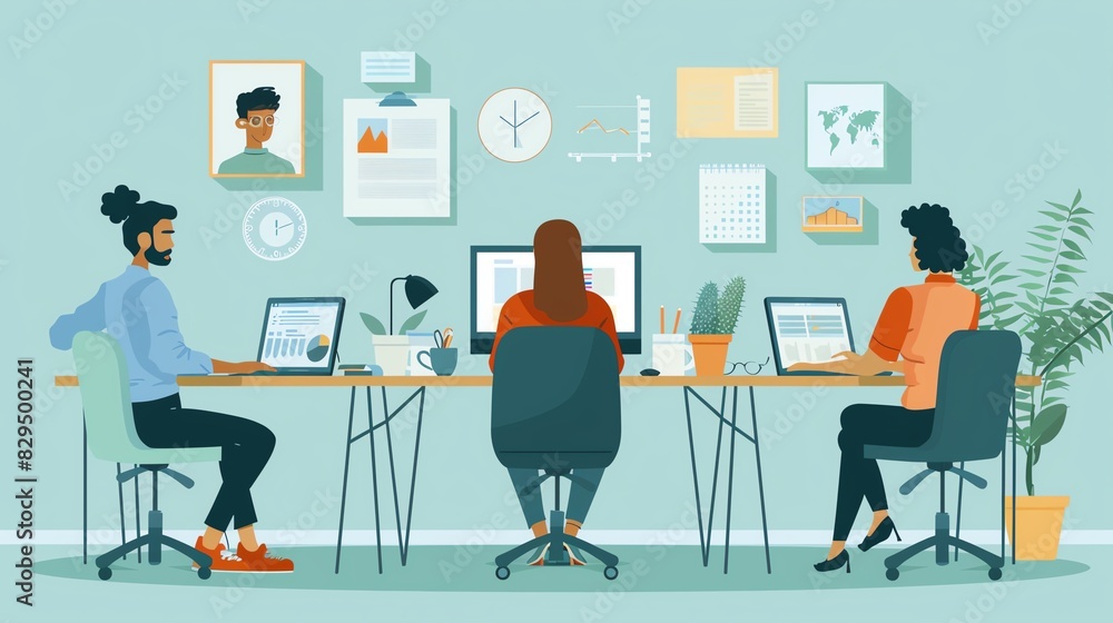 Team of diverse coworkers working together in a modern office. Team of diverse coworkers working together in a modern office.