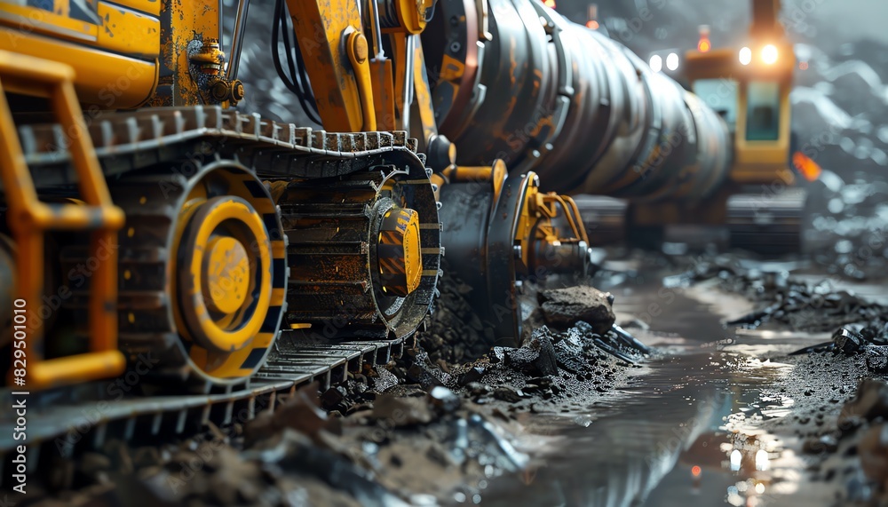Heavy machinery operating in a muddy construction site, showcasing industrial equipment and rigorous working conditions. Heavy machinery operating in a muddy construction site, showcasing industrial equipment and rigorous working conditions.