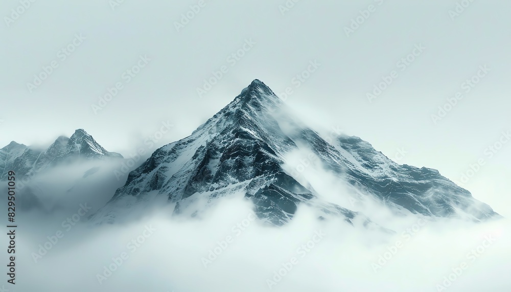 Majestic snow-capped mountain peak emerging through the clouds on a foggy day, showcasing the serene, natural beauty of winter landscapes. Majestic snow-capped mountain peak emerging through the clouds on a foggy day, showcasing the serene, natural beauty of winter landscapes.