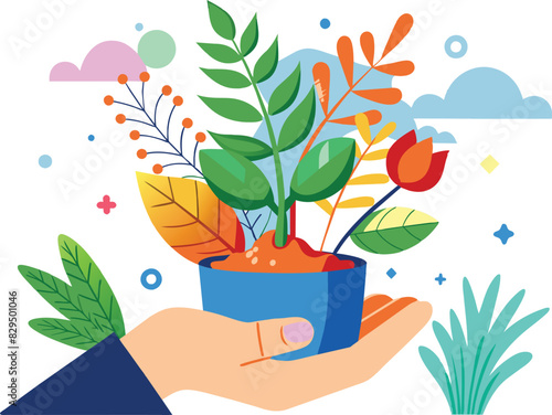 Plant on hand, flat illustration, vector illustration.